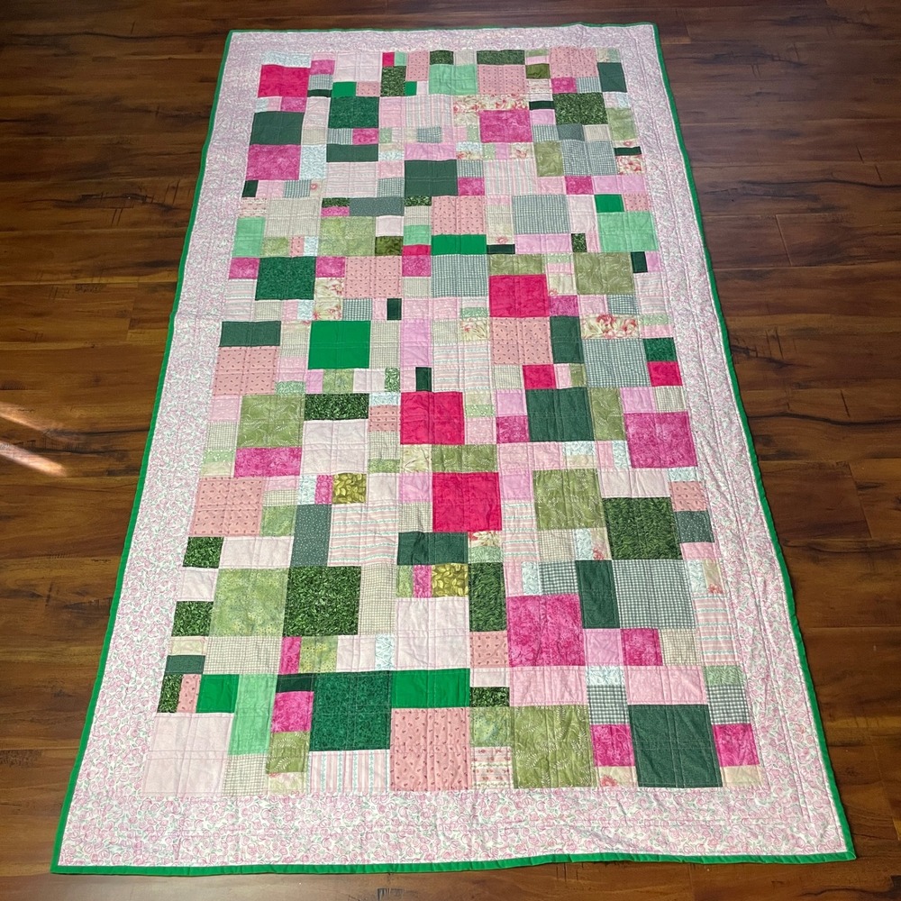 Handmade Patchwork Reversible Throw Blanket Quilt 45.5x82 Pink Floral Cottage
